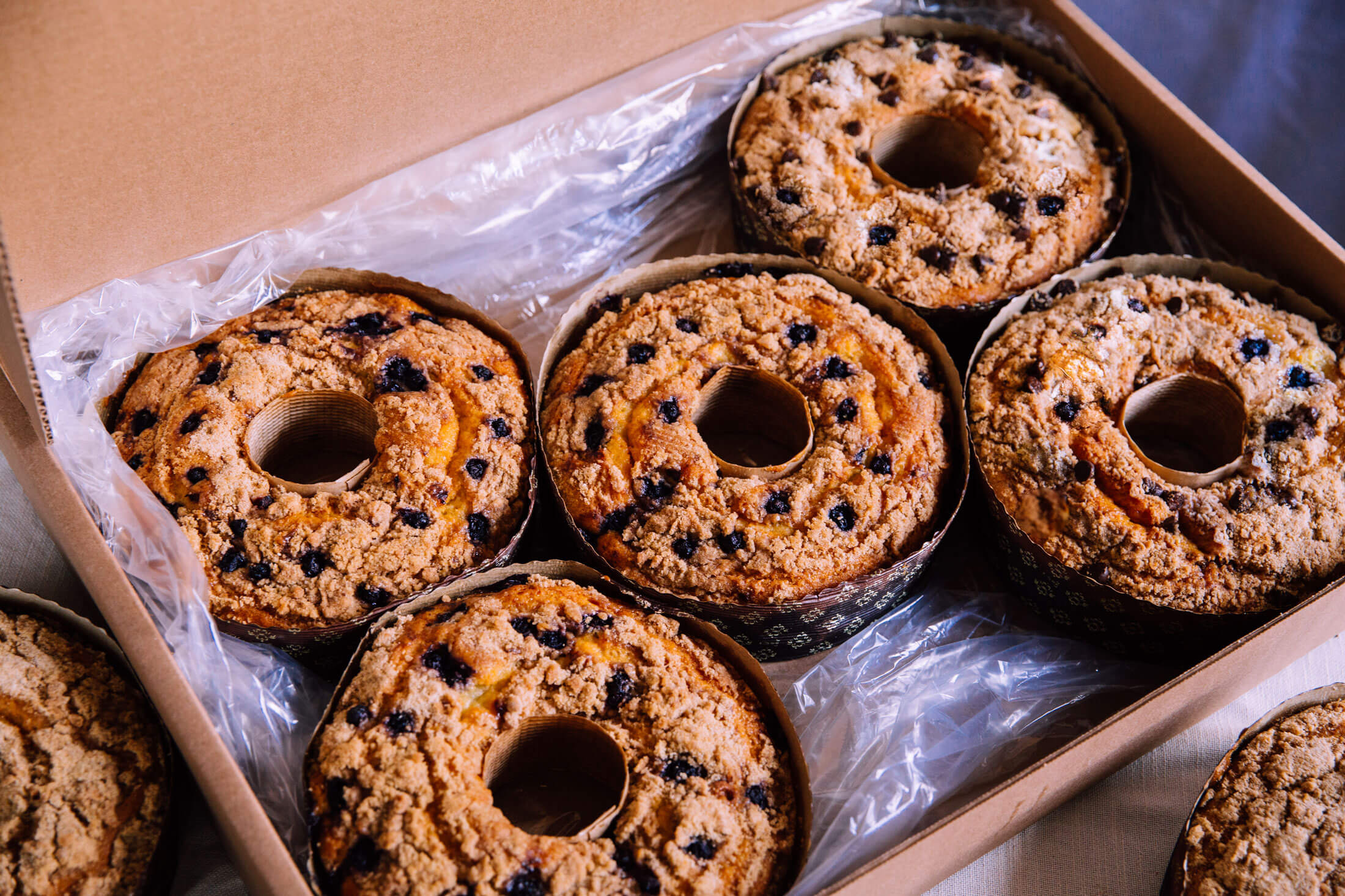 A boxed shipment of Boston Baking Coffee Cakes