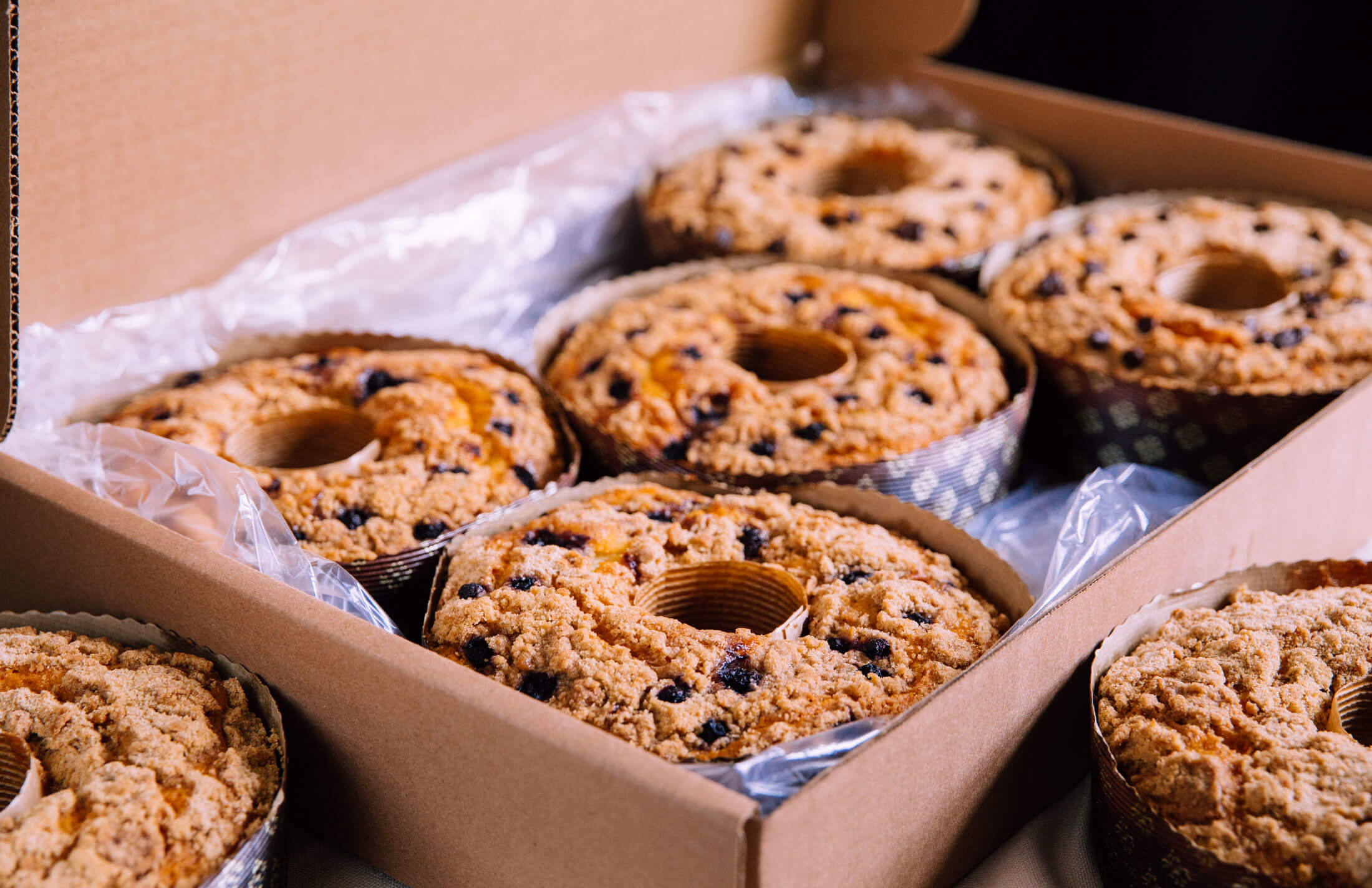 A boxed order of Boston Baking Coffee Cakes