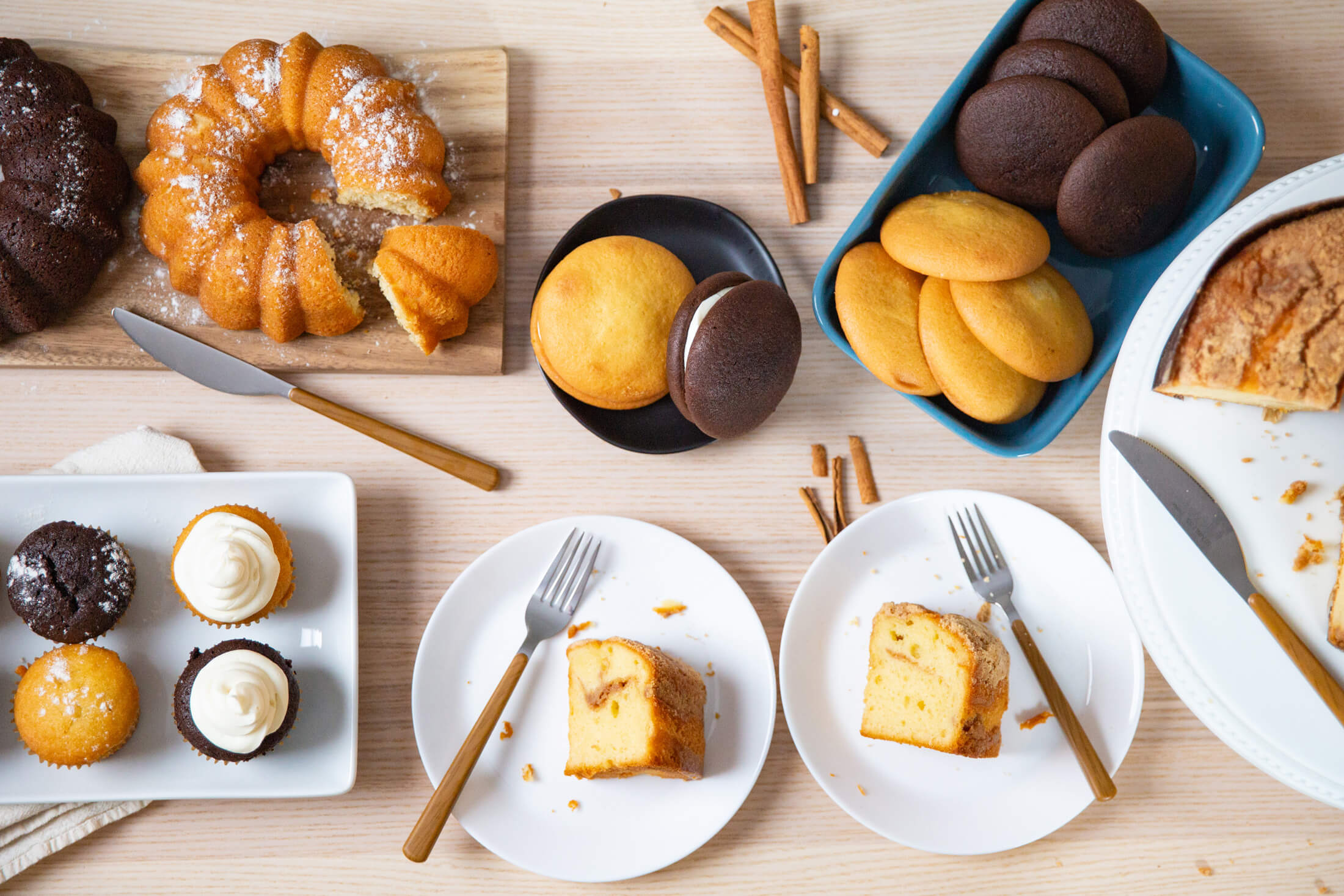 A group shot of different Boston Baking cakes